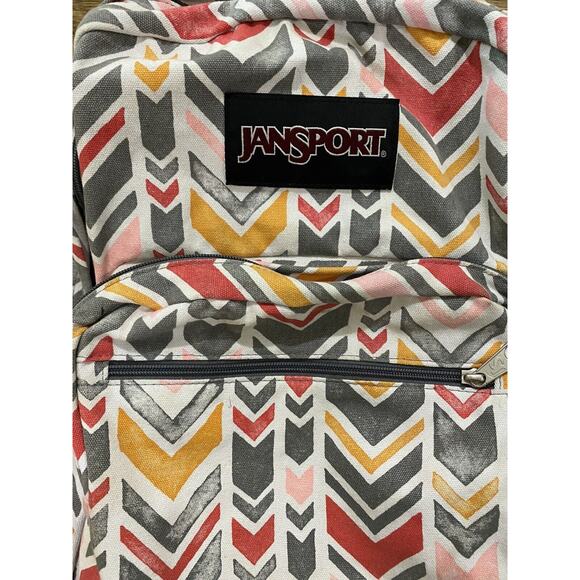 Jansport Backpack W/ Suede Leather Bottom Laptop Pocket Coral Dusk Chevron - Picture 2 of 10